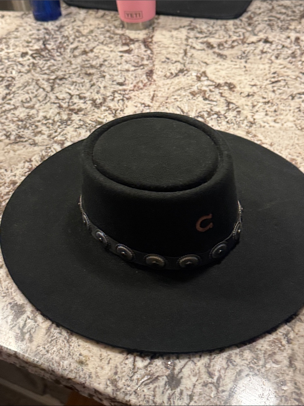 Black Wide-Brim Wool Charlie House Hat with Decorative Band